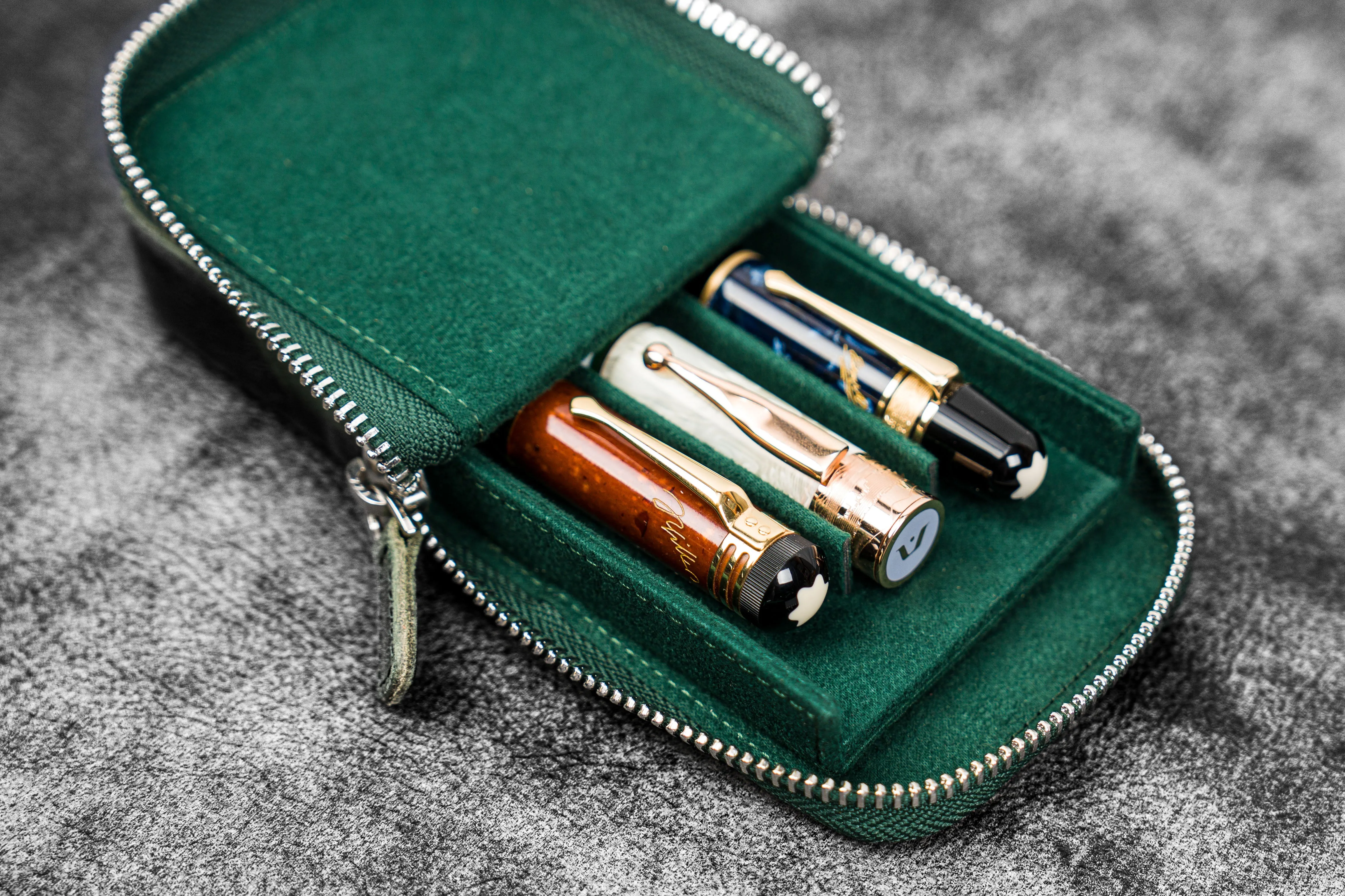 Leather Zippered Magnum Opus 3 Slots Hard Pen Case with Removable Pen Tray - Crazy Horse Forest Green