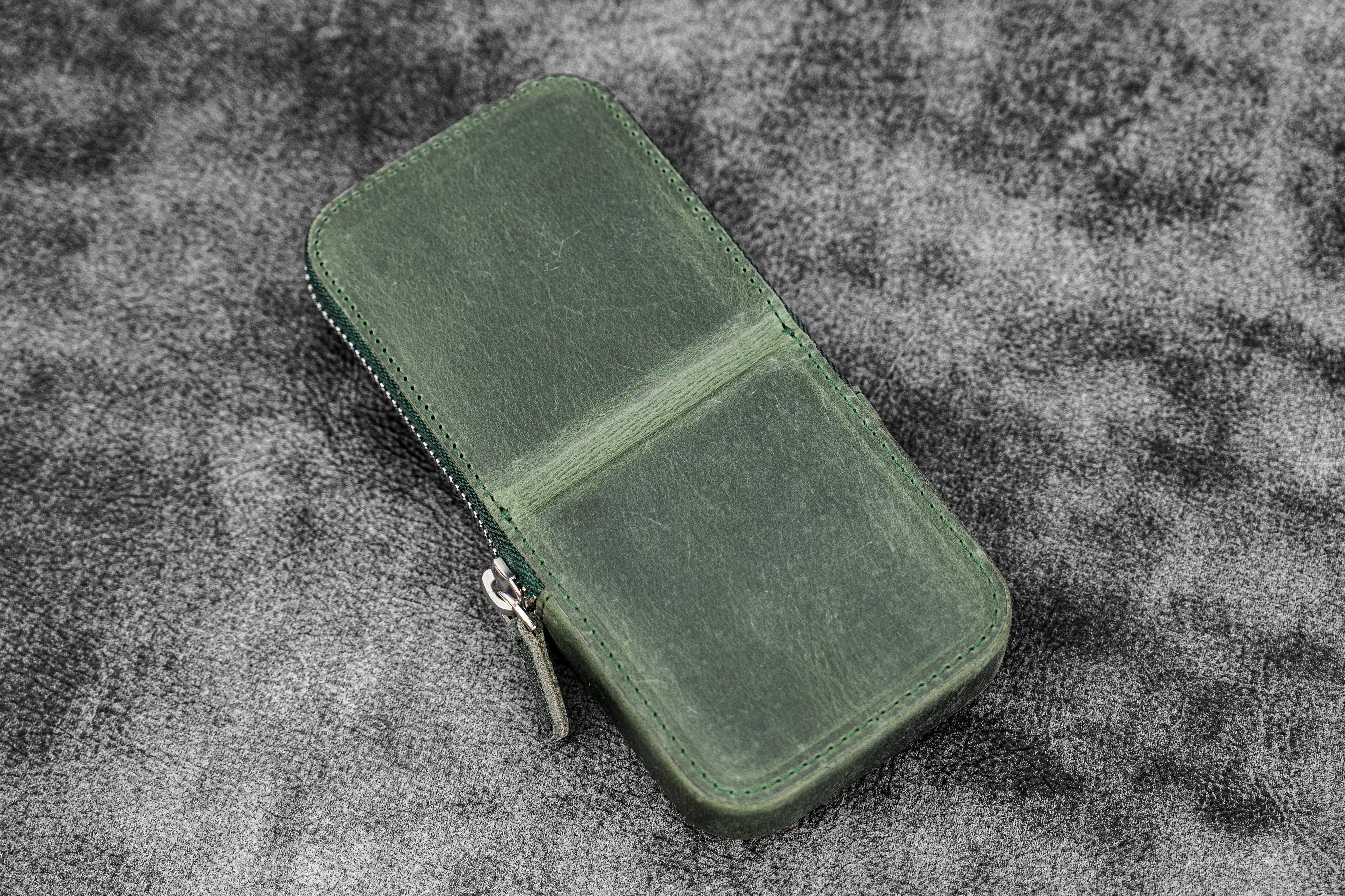 Leather Zippered Magnum Opus 3 Slots Hard Pen Case with Removable Pen Tray - Crazy Horse Forest Green