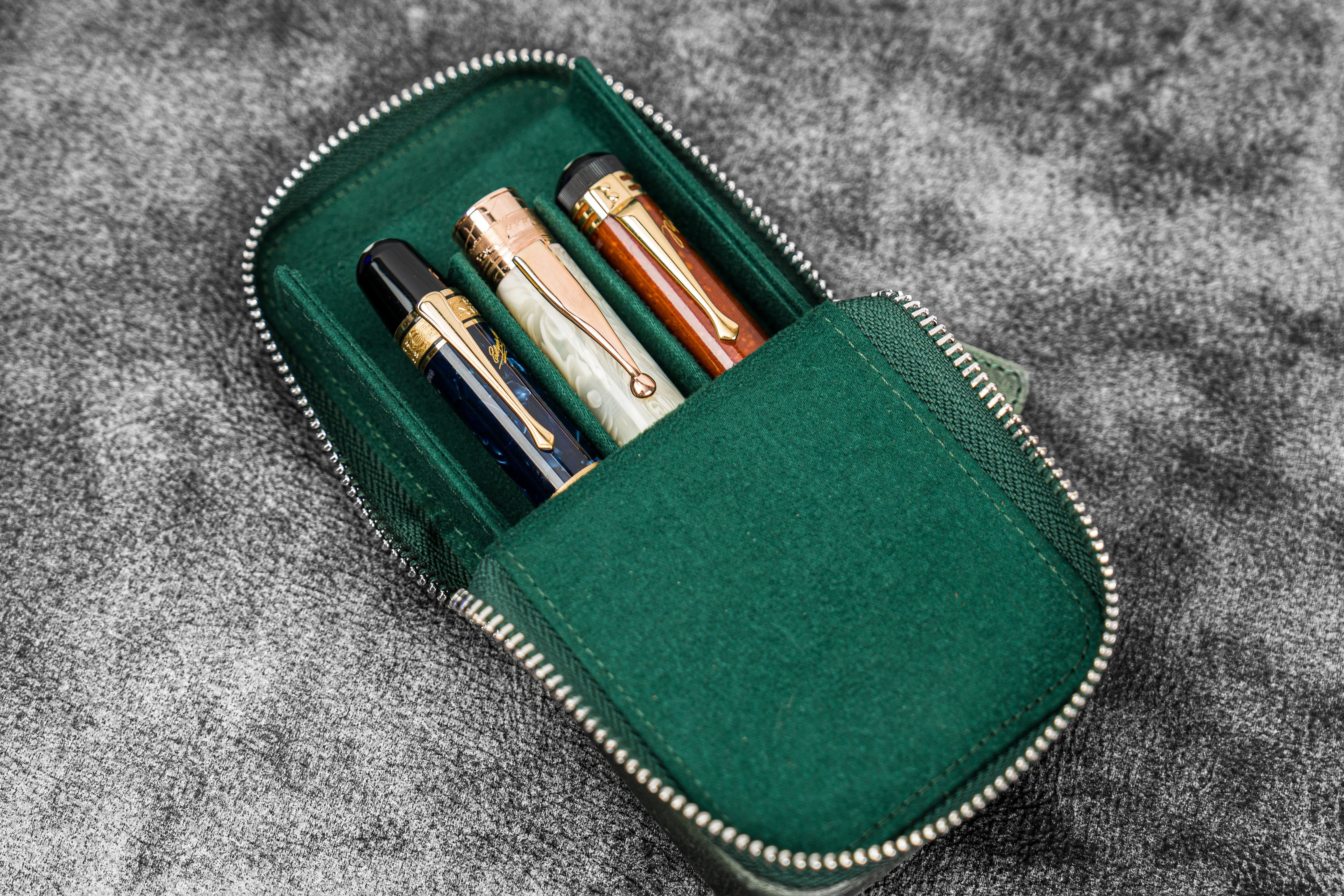 Leather Zippered Magnum Opus 3 Slots Hard Pen Case with Removable Pen Tray - Crazy Horse Forest Green