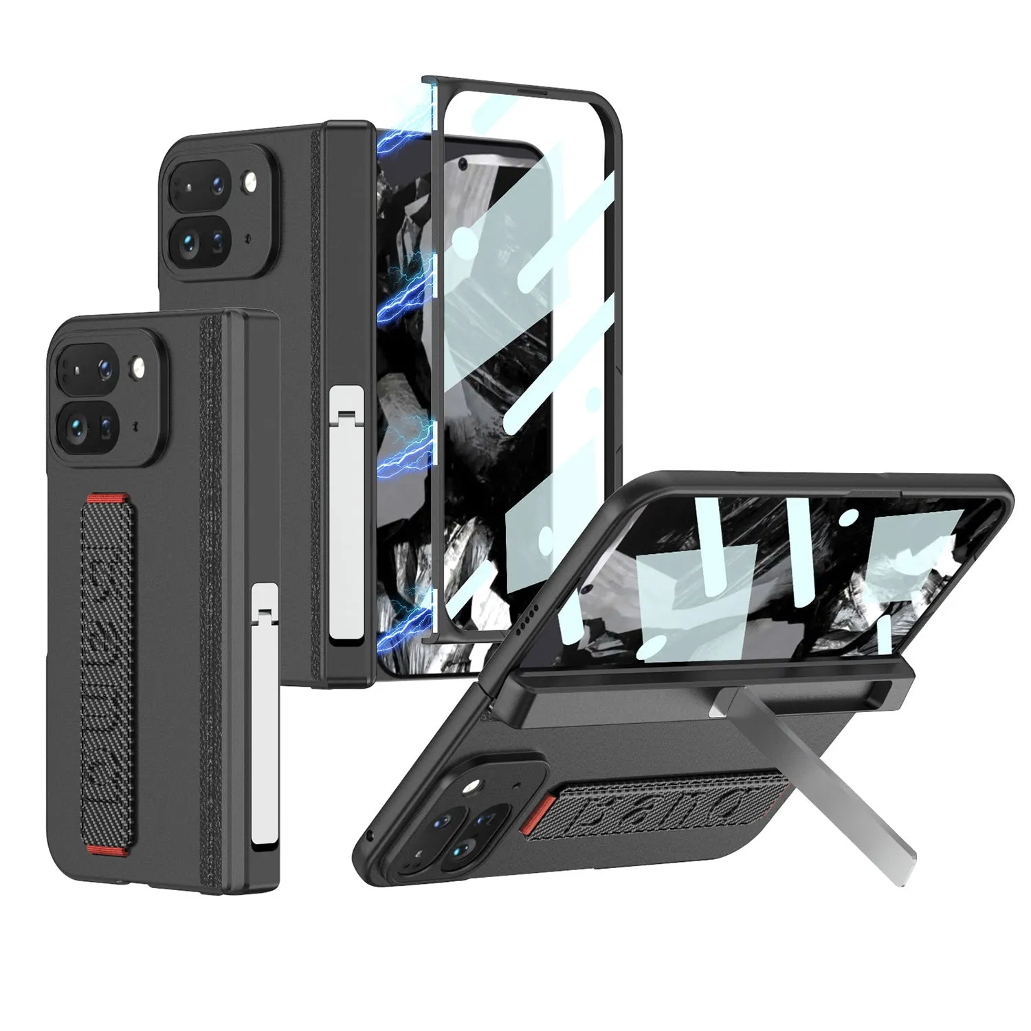 Magnetic Hinge Business Phone Case with Wristband & Folding Bracket &Tempered Glass For Google Pixel Fold2