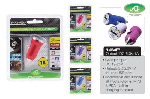 MAXEM Fast&Save Mini USB Car Charger 1A 1 Port For All Compatible Devices