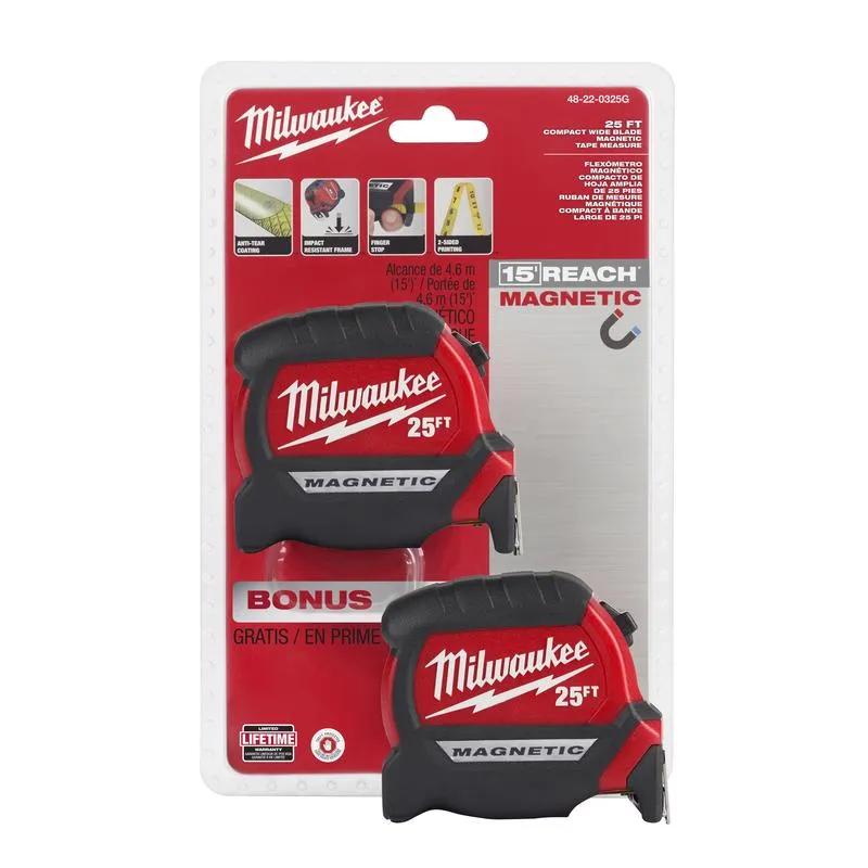 Milwaukee 25 ft. L X 1 in. W Compact Wide Blade Magnetic Tape Measure 2 pk