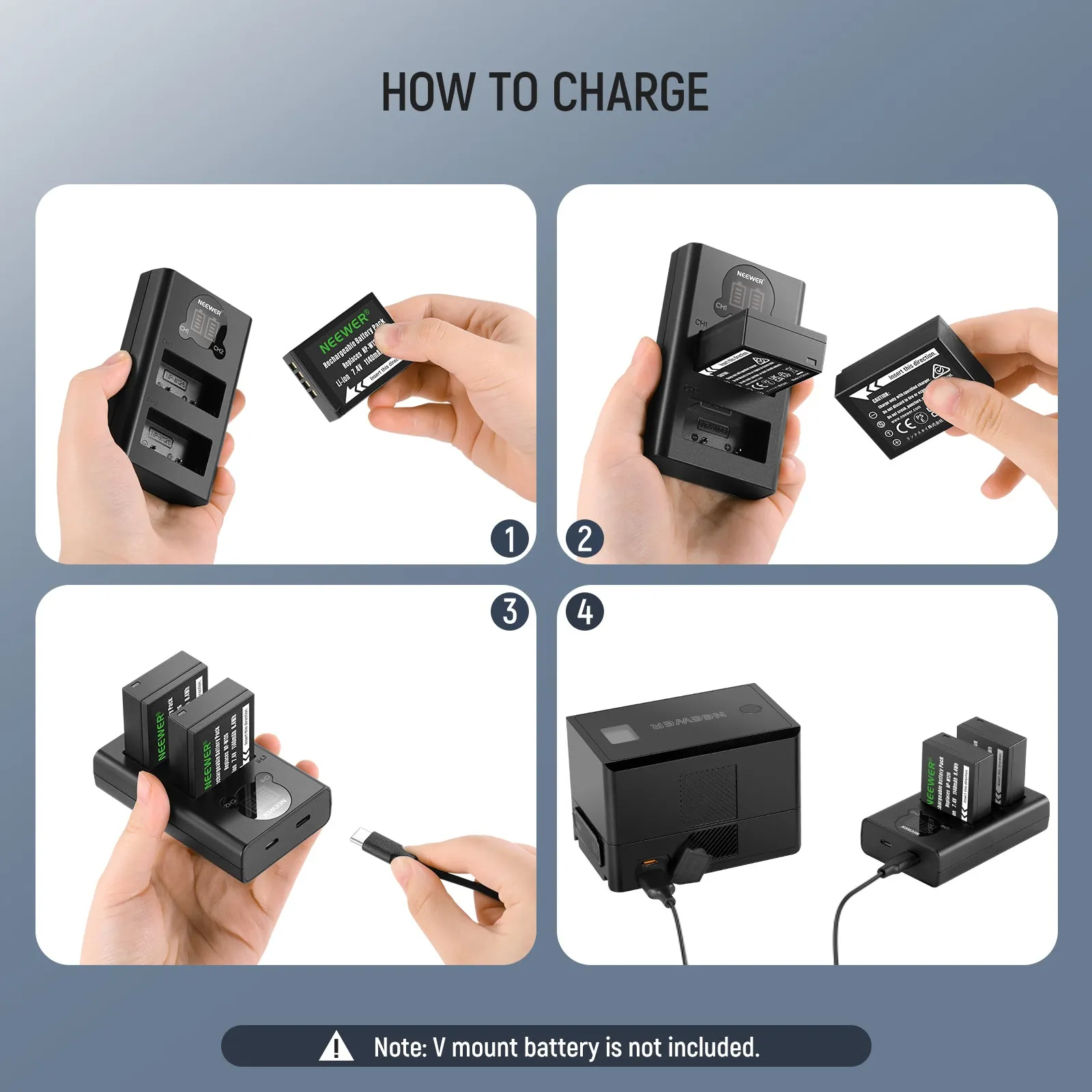 NEEWER 2 Pack 1140mAh NP-W126 Replacement Battery Charger