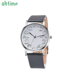 OKTIME Hot Relojes Retro Design Lovely Cartoon Cat Casual Faux Leather Band Analog Alloy Quartz Wrist Watch Levert DropshipD1222