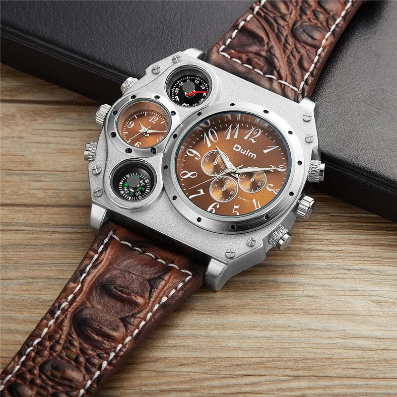 Oulm Mens Designer Watches Luxury Watch Male Quartz-watch 3 Small Dials Decoration Leather Strap Wristwatch relogio masculino