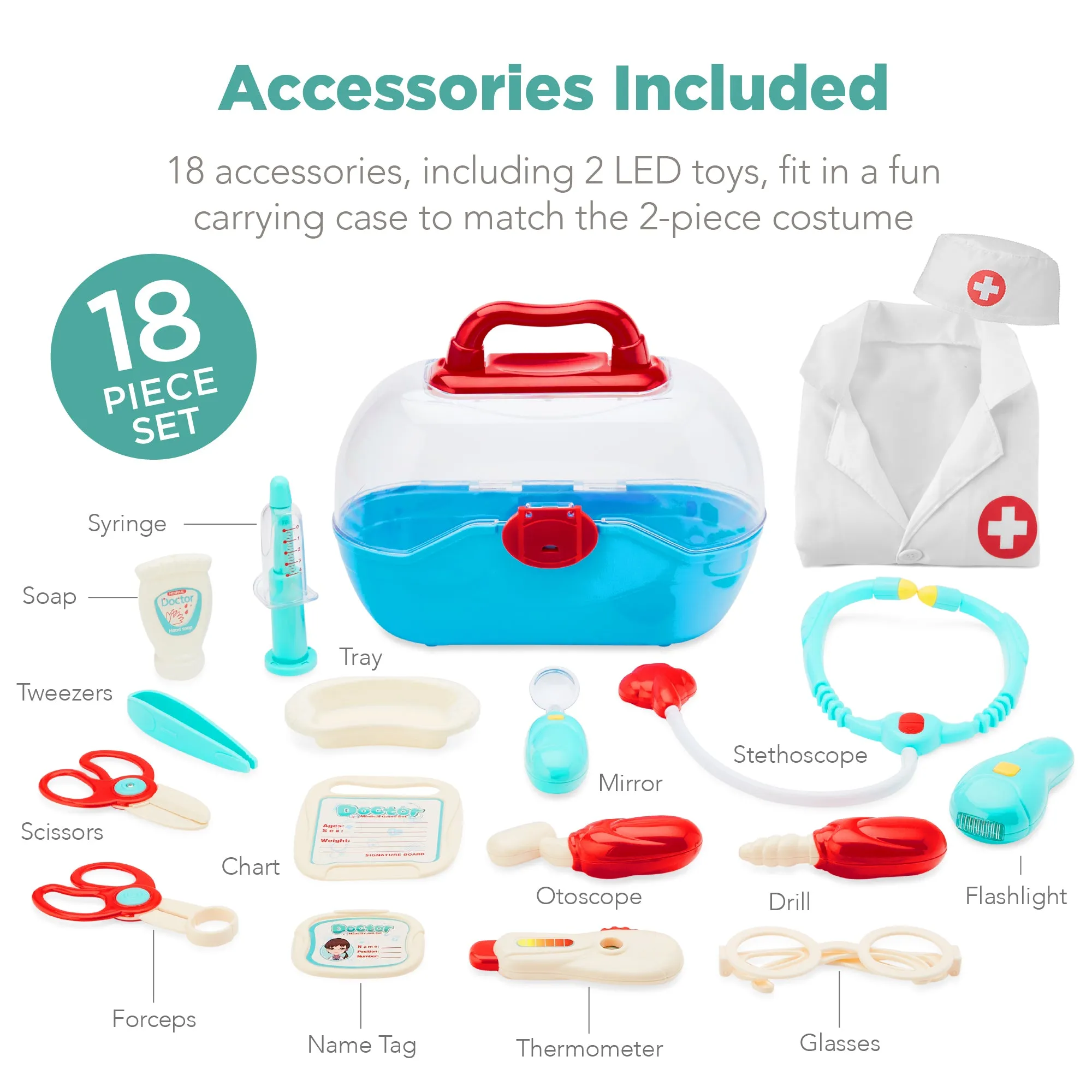 Play Doctor Kit for Kids, Boys & Girls w/ 18 Accessories, Doctor's Coat, Hat