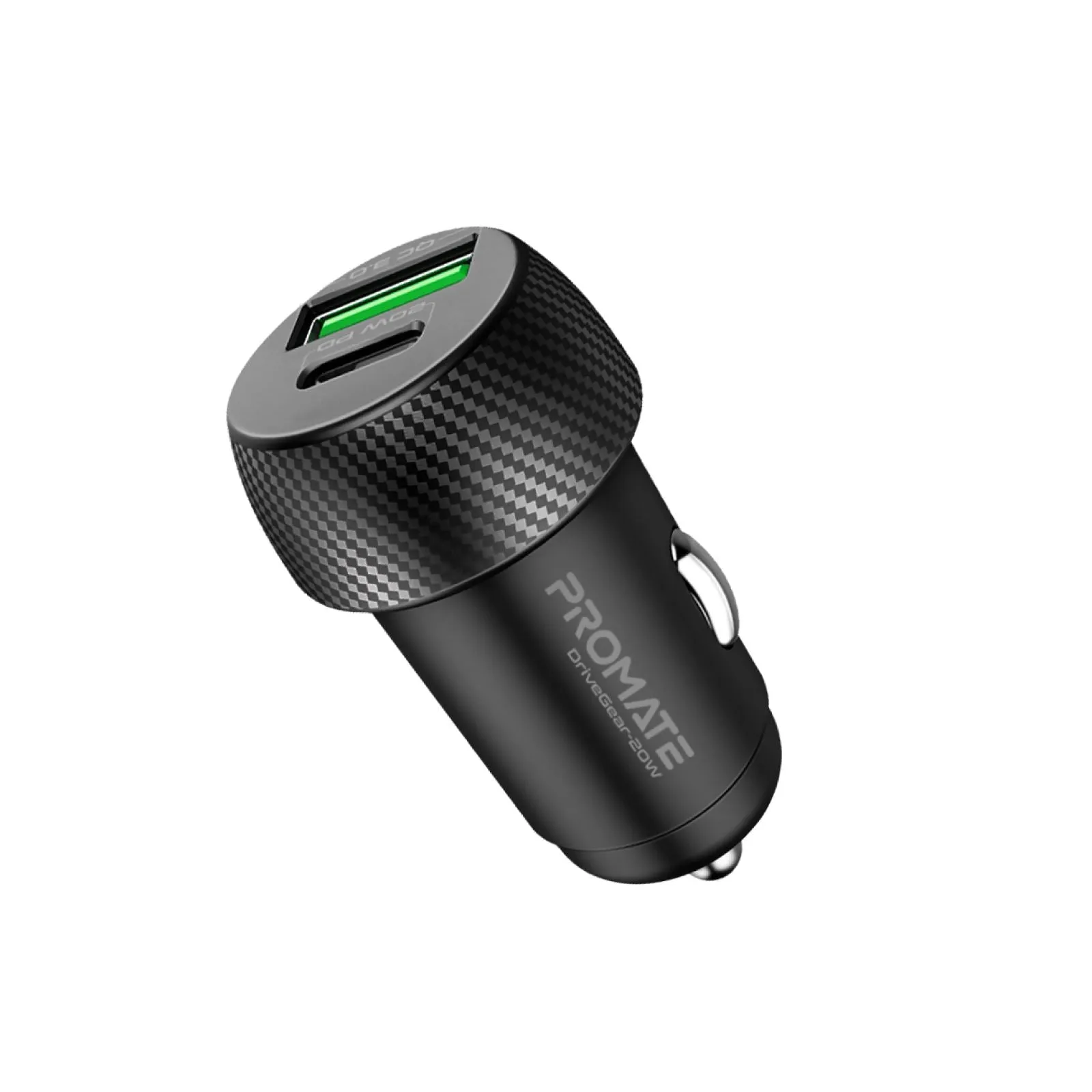 PROMATE 20W Dual Port Car Charger with QC3.0 and USB-C Port. Charge two Devices Simultaneously. Built in Surge Protection and Temperature Control. Charge Devices up to 80% in 35 Minutes