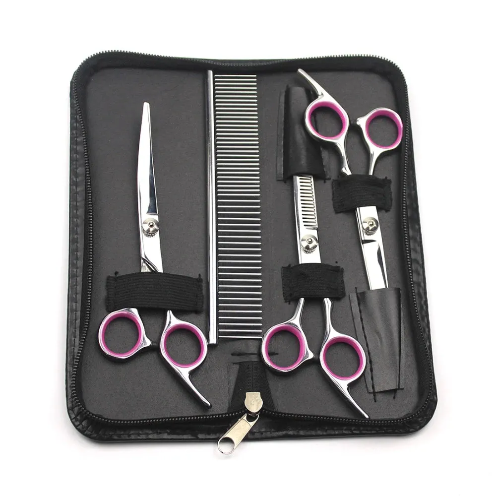 "Premium 4-Piece Pet Grooming Kit: Straight, Thinning, and Curved Scissors with Comb and Carrying Case - Perfect for Feline Hair Trimming - Shear 20024"