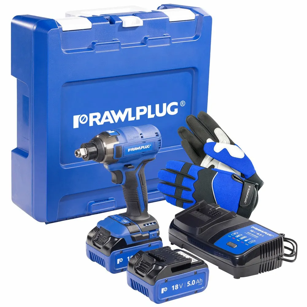 RAWLPLUG IMPACT DRIVER 2XBATTERY 5.0 AH CHARGER 65A WITH GLOVES IN CASE RAWR-PID18-XL2