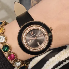 Rhinestone-studded Leather Strap Women's Watch