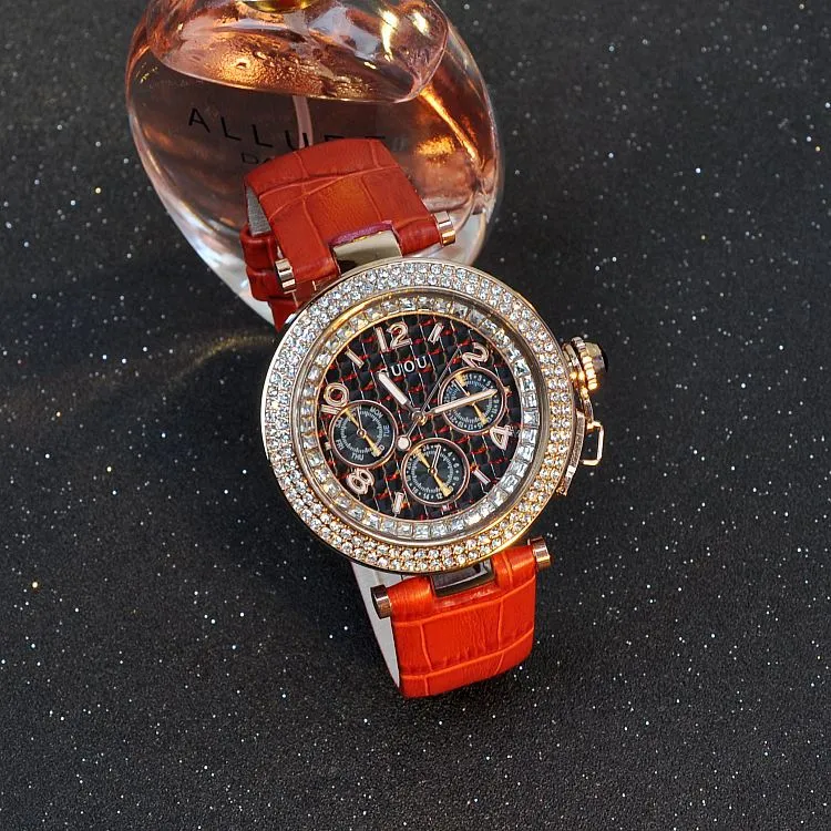 Round Rhinestone Leather Strap Women's Watch