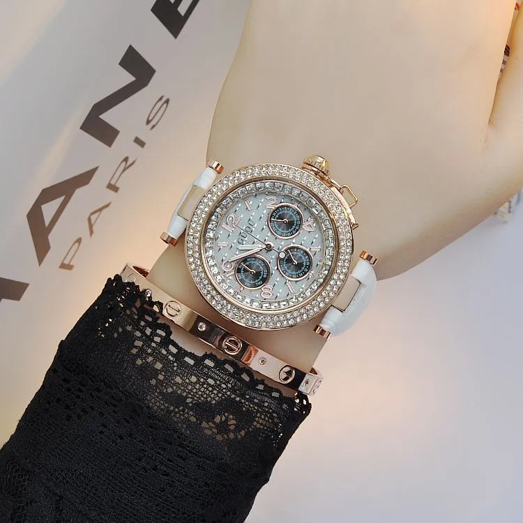 Round Rhinestone Leather Strap Women's Watch