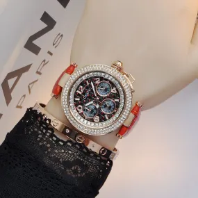 Round Rhinestone Leather Strap Women's Watch