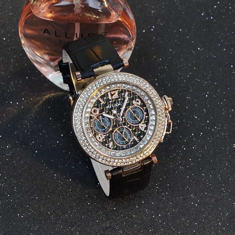 Round Rhinestone Leather Strap Women's Watch