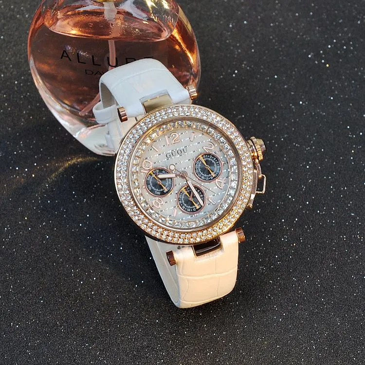 Round Rhinestone Leather Strap Women's Watch