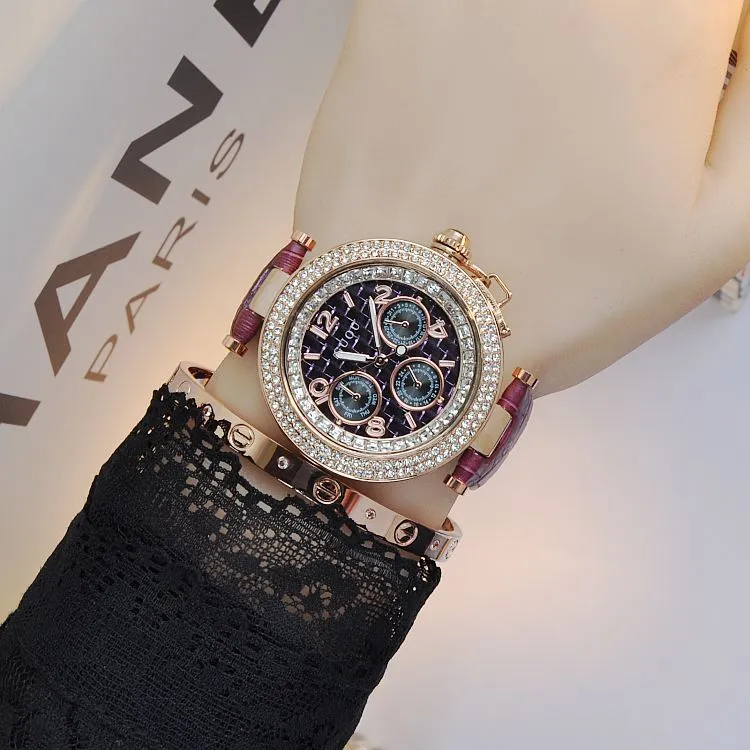 Round Rhinestone Leather Strap Women's Watch