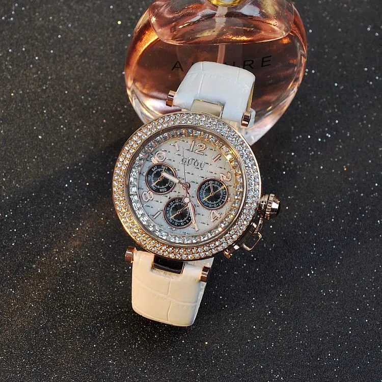 Round Rhinestone Leather Strap Women's Watch