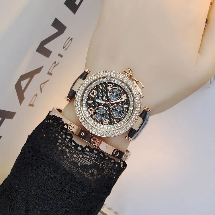 Round Rhinestone Leather Strap Women's Watch