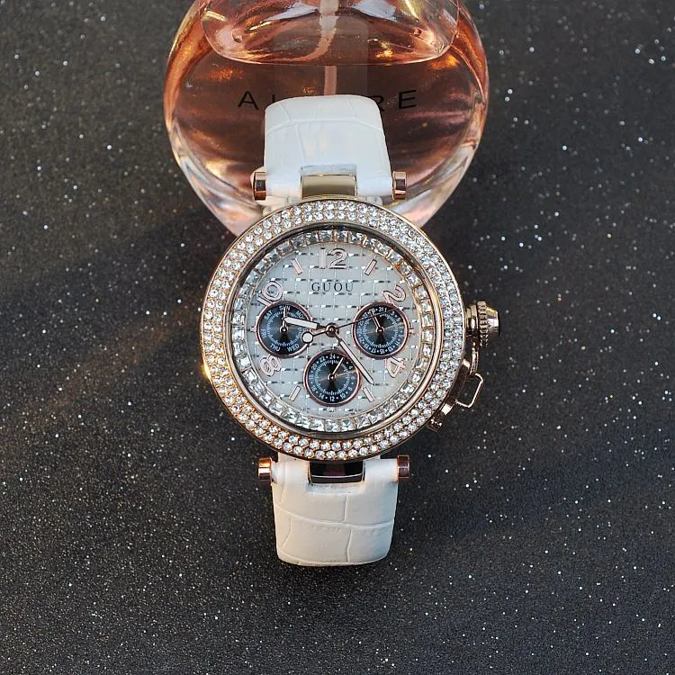 Round Rhinestone Leather Strap Women's Watch