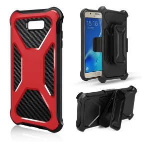 Samsung Galaxy J7 (2017) / J7 Sky Pro / J7 Perx / J7 V / J7 Prime / Galaxy Halo Case, Rugged Slim Rotating Swivel Lock Carbon Fiber Combo Clip Cover - Red