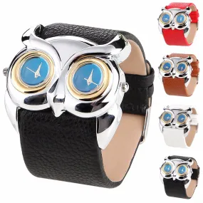 Superior PU Leather Owl Double Dual Dial 30M Waterproof Sport Wrist Watch