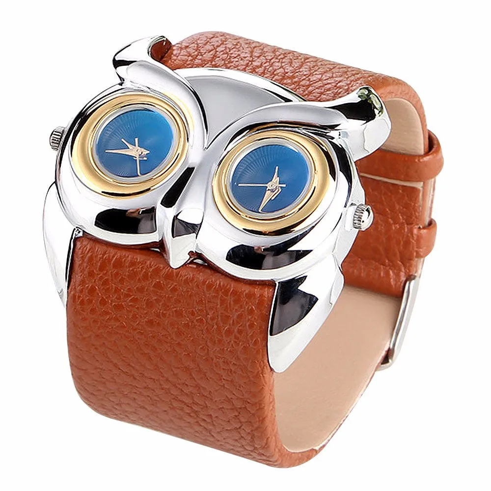 Superior PU Leather Owl Double Dual Dial 30M Waterproof Sport Wrist Watch