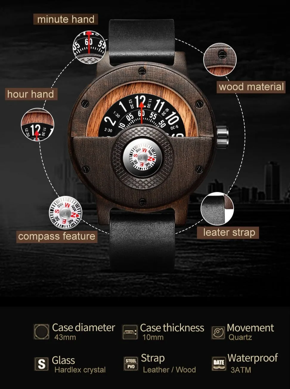 TEEK - Wood Compass Turn Mens Watch