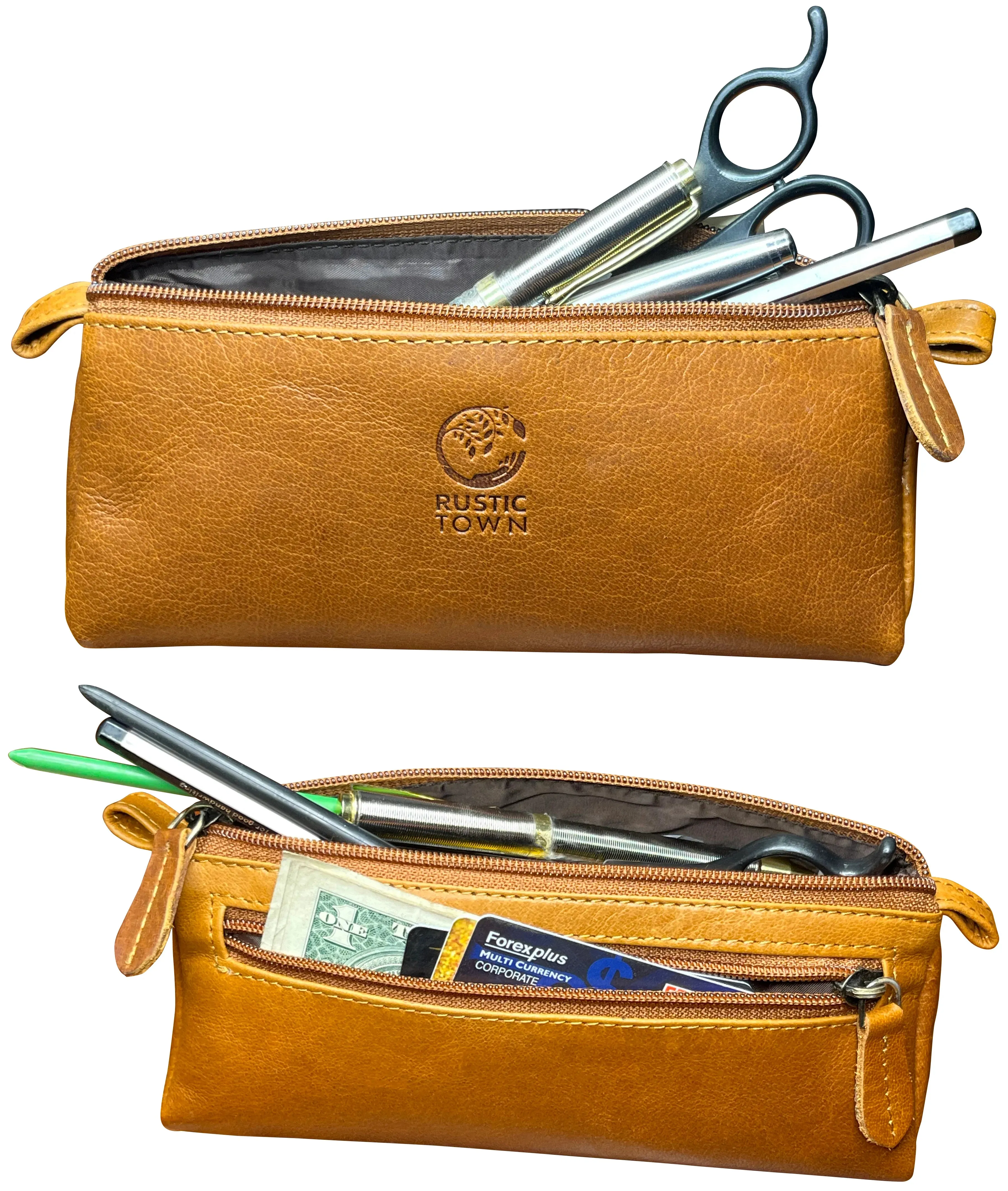 Tom Leather Pencil Case - Zippered Pen Pouch (Cognac)