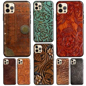 Tooled Vegan Leather iPhone Cases Brown Tan Patina 7 Styles Western Patterns Soft TPU Cover iPhone 13 12 Mini 11 Pro Max XS 6S 7 8 Plus 5S SE 2020 X XR Phone Case