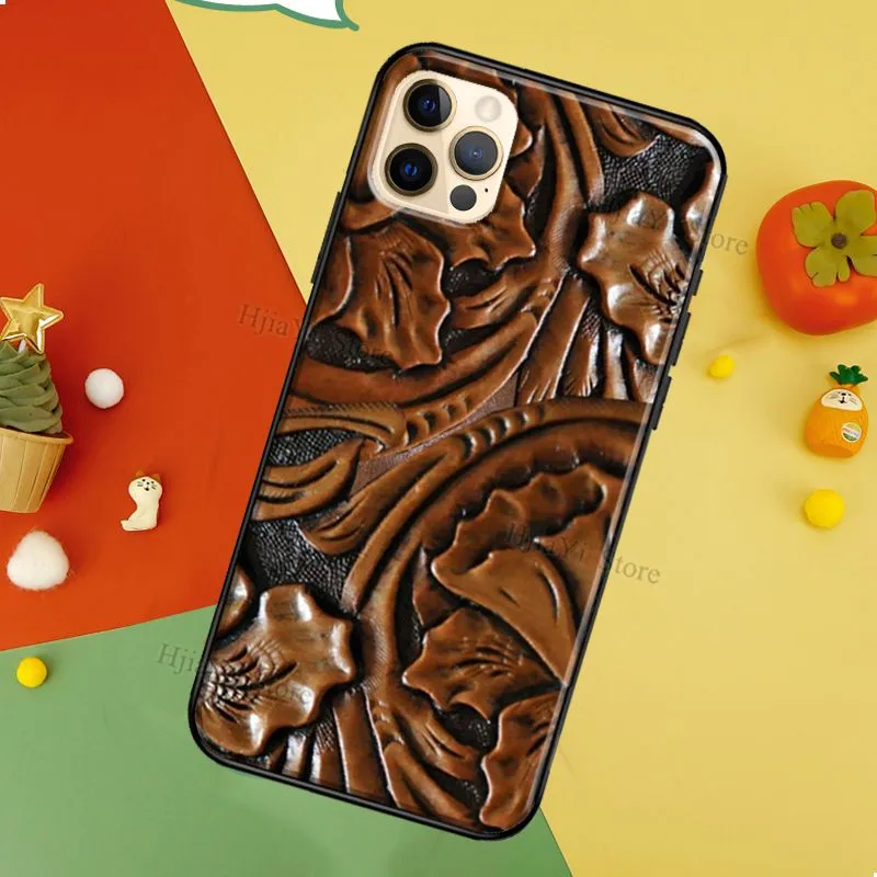 Tooled Vegan Leather iPhone Cases Brown Tan Patina 7 Styles Western Patterns Soft TPU Cover iPhone 13 12 Mini 11 Pro Max XS 6S 7 8 Plus 5S SE 2020 X XR Phone Case