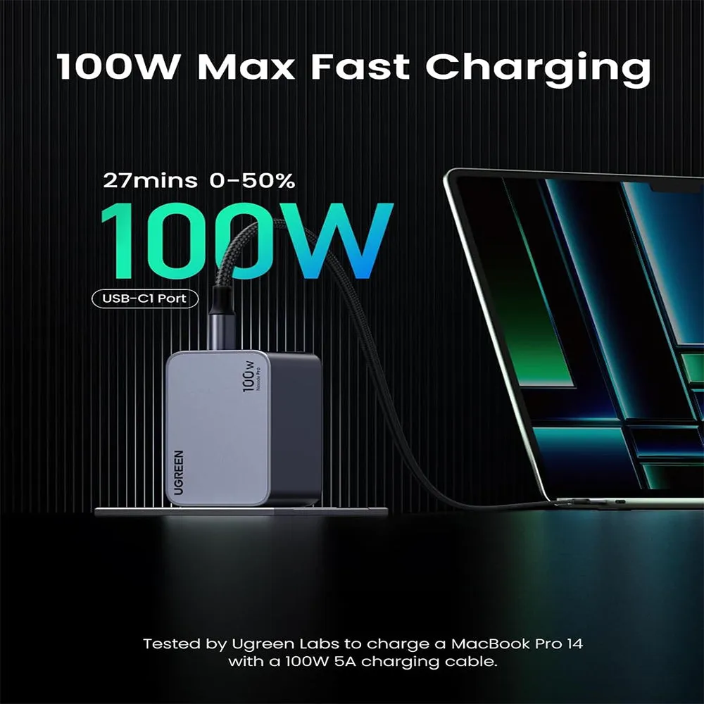 UGREEN Nexode Pro 100W 3-Port GaN Fast Charger with PD 100W USB Type-C Charging Cable for Smartphones, Tablets, Computer Laptops, Earbuds, iPhone 16/15, iPad Pro/Air, MacBook