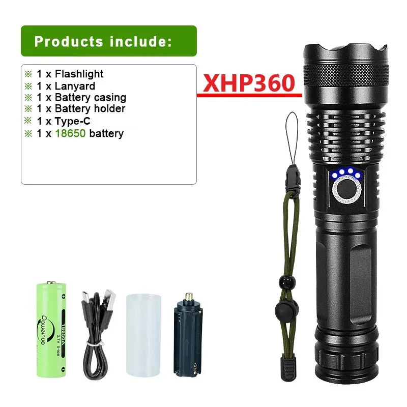 Ultra Powerful Flashlight XHP360 High Power Torch Light XHP50.2 Type C Rechargeable LED Flashlights Tactical Lantern For Camping