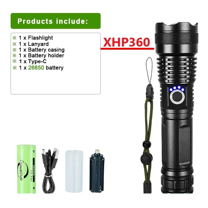 Ultra Powerful Flashlight XHP360 High Power Torch Light XHP50.2 Type C Rechargeable LED Flashlights Tactical Lantern For Camping