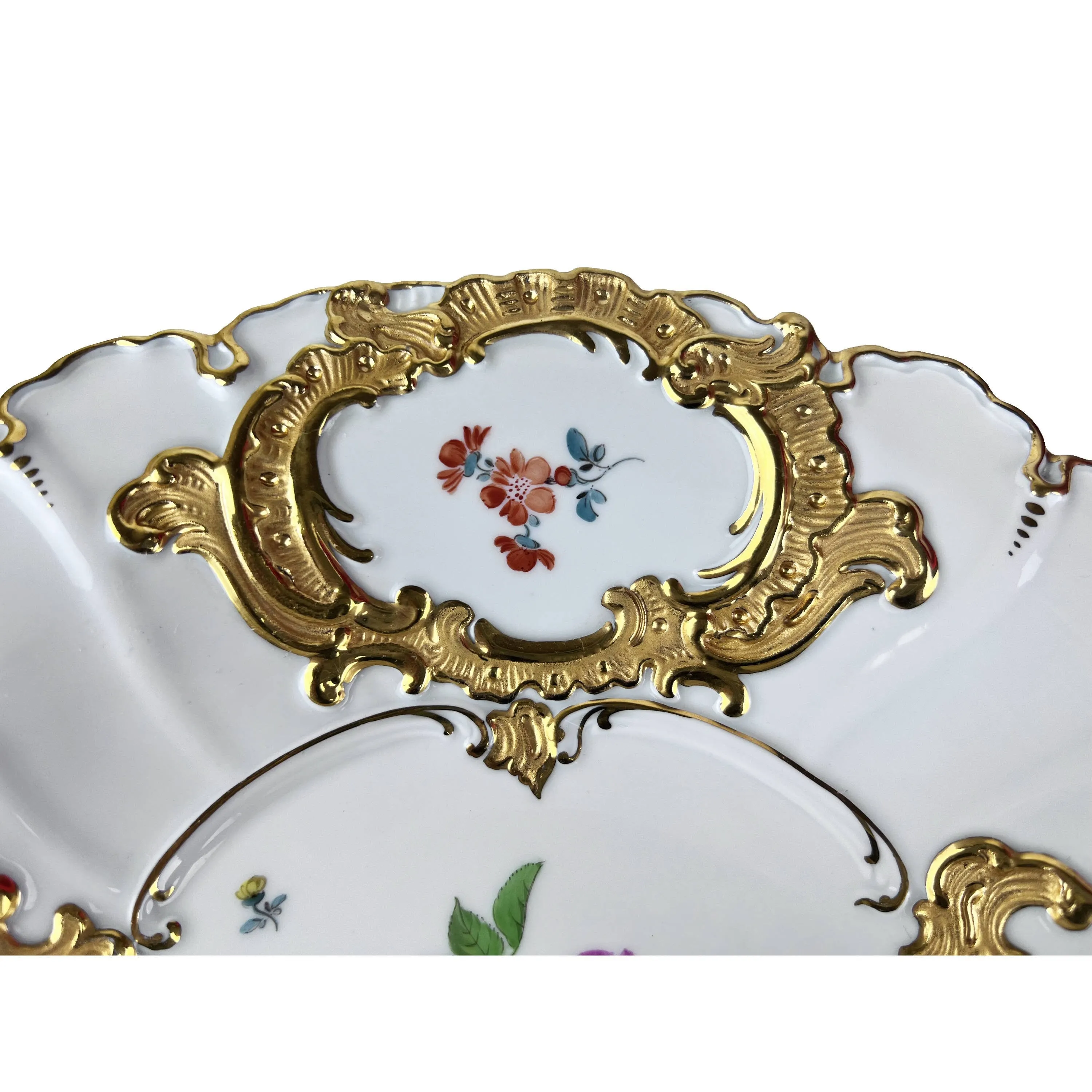 Vintage 1930s Meissen Porcelain Charger Bowl Dish Hand Painted Polychrome Flowers with Gold