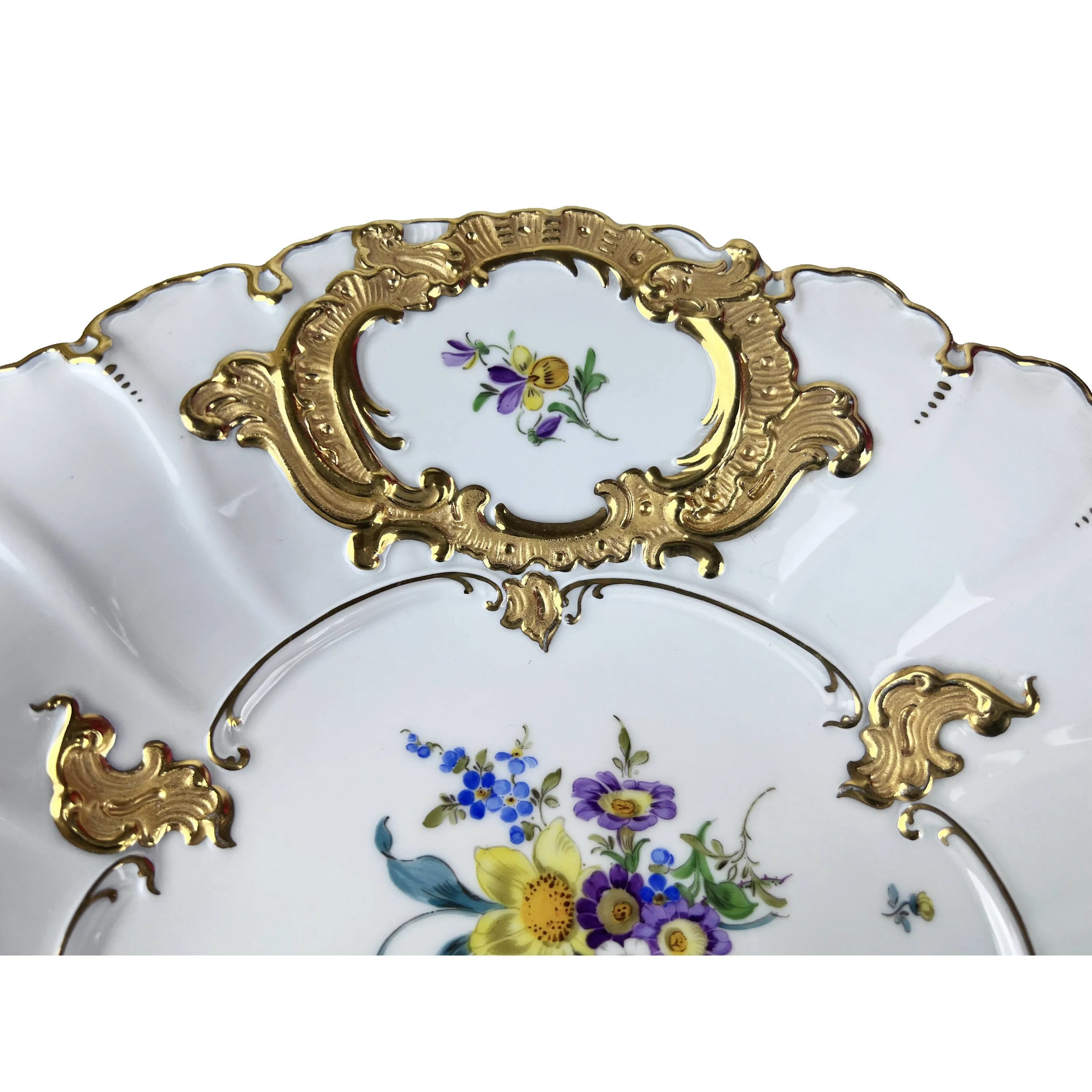 Vintage 1930s Meissen Porcelain Charger Bowl Dish Hand Painted Polychrome Flowers with Gold