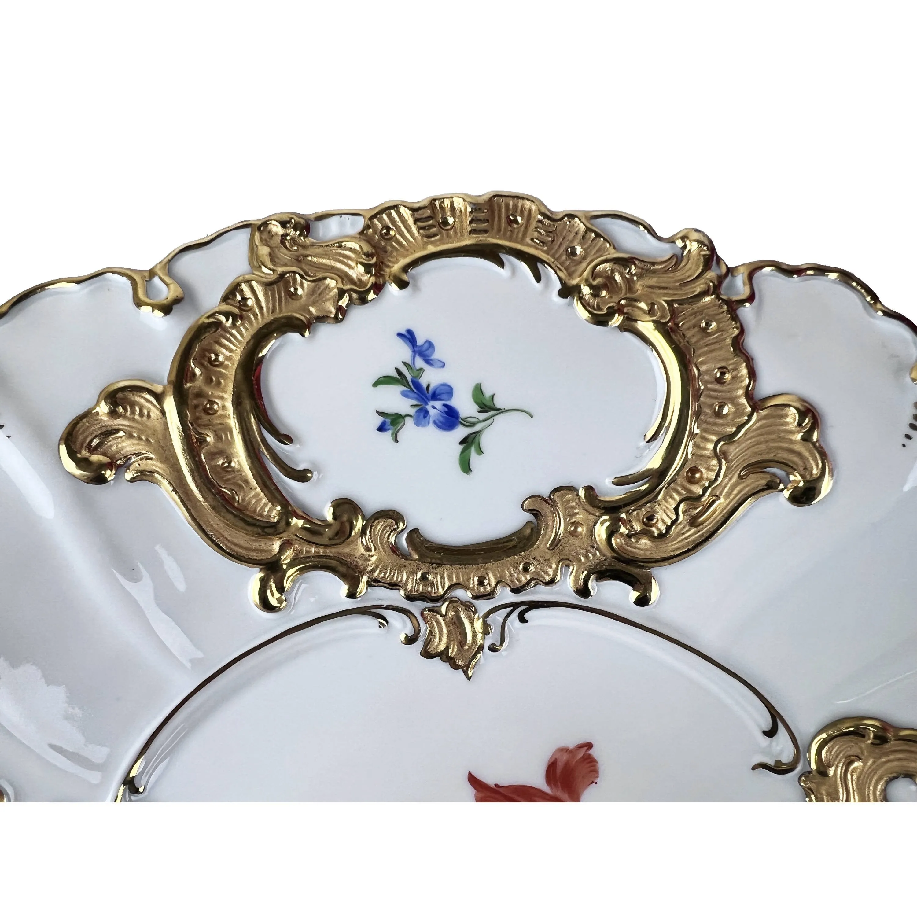 Vintage 1930s Meissen Porcelain Charger Bowl Dish Hand Painted Polychrome Flowers with Gold