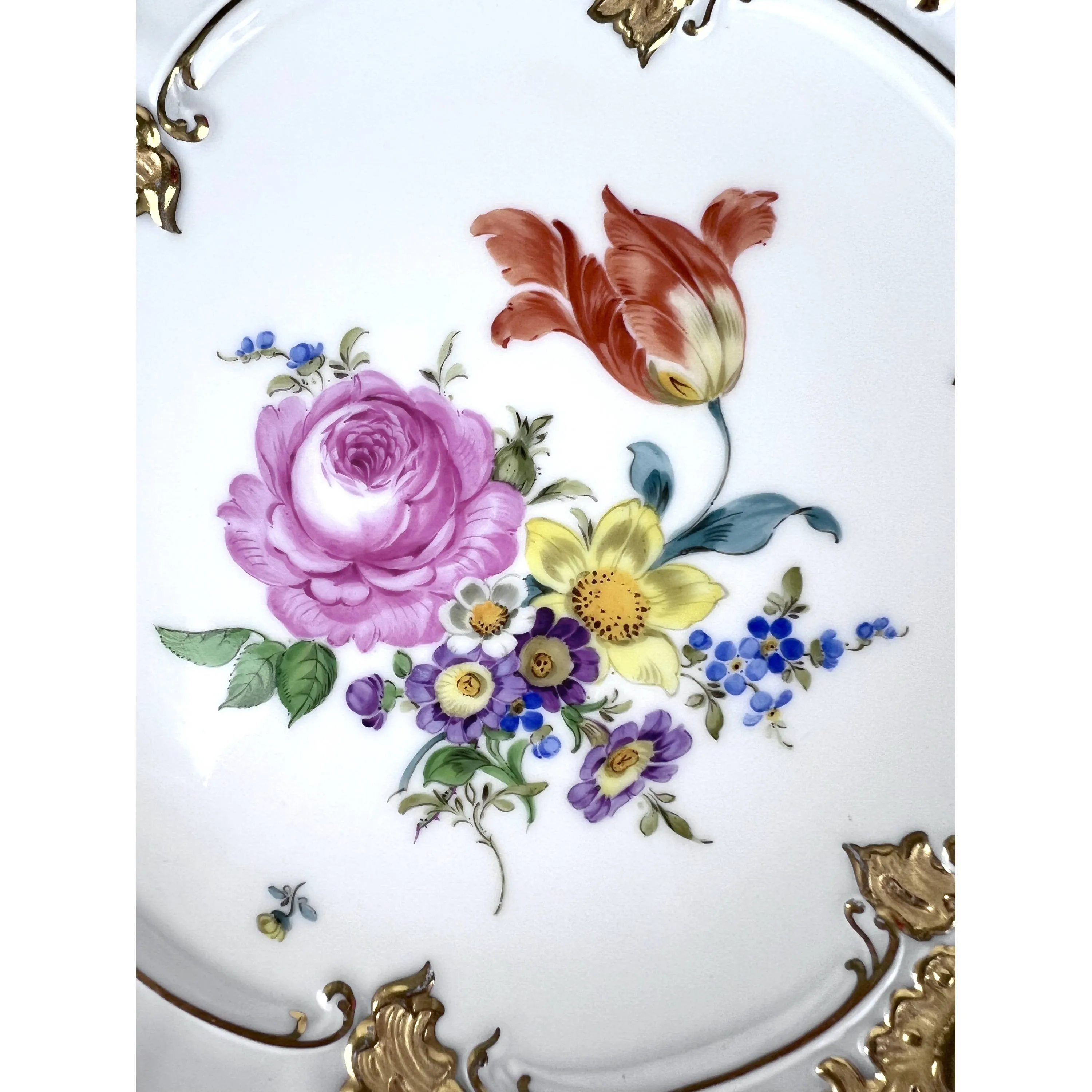 Vintage 1930s Meissen Porcelain Charger Bowl Dish Hand Painted Polychrome Flowers with Gold