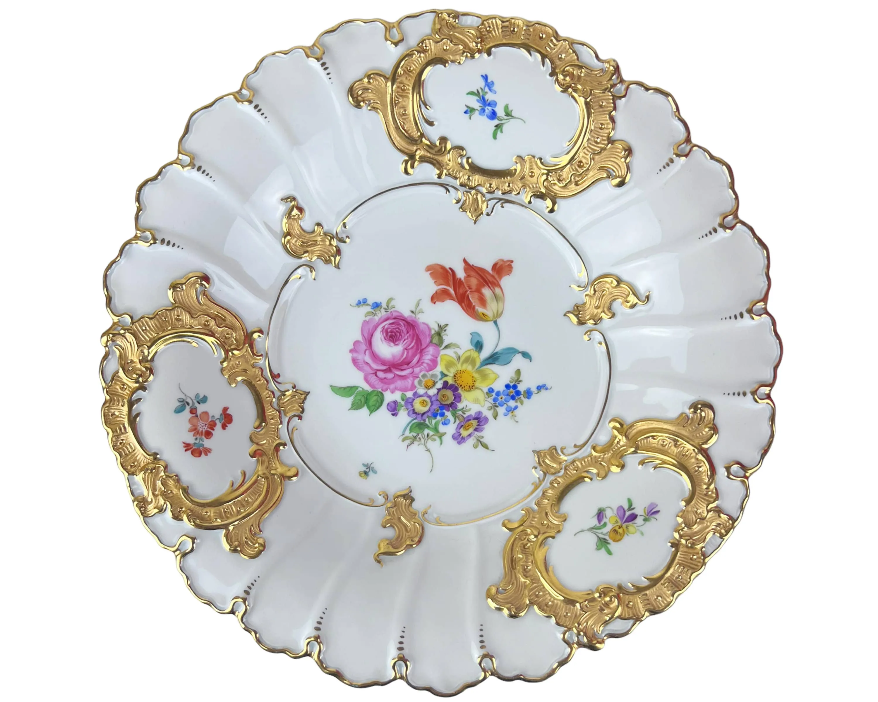 Vintage 1930s Meissen Porcelain Charger Bowl Dish Hand Painted Polychrome Flowers with Gold