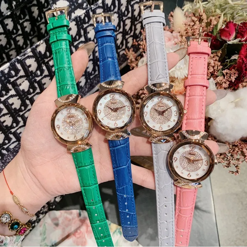 Women's Watch Rhinestone Shell Dial leather strap fashion quartz watch