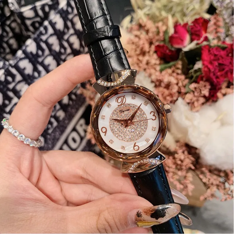 Women's Watch Rhinestone Shell Dial leather strap fashion quartz watch