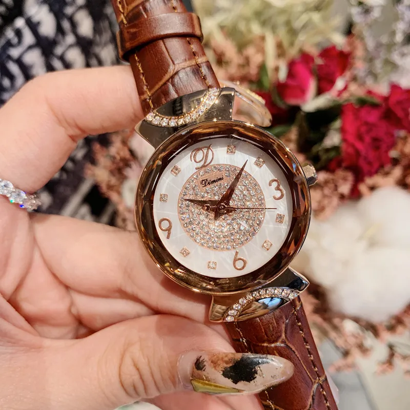 Women's Watch Rhinestone Shell Dial leather strap fashion quartz watch