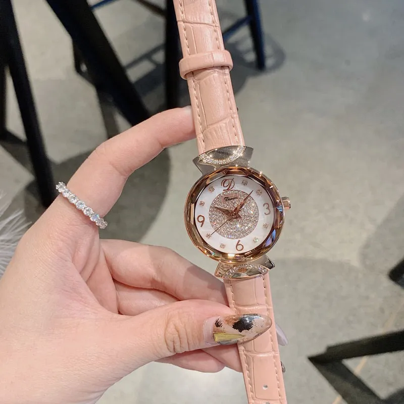 Women's Watch Rhinestone Shell Dial leather strap fashion quartz watch