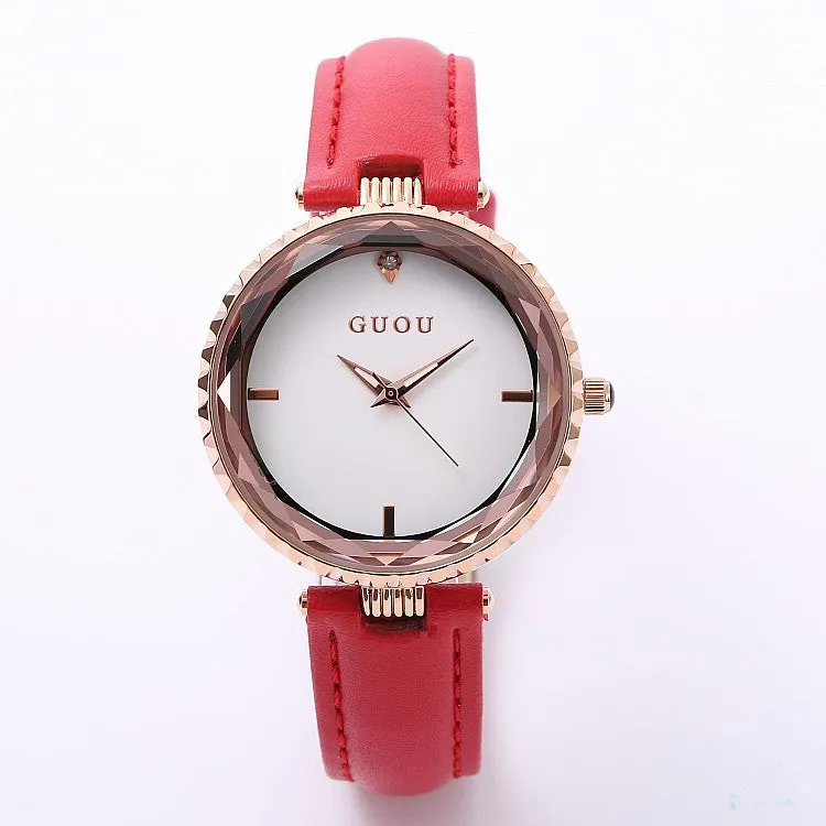 Women's Watch Rhinestone Waterproof large dial leather strap quartz watch