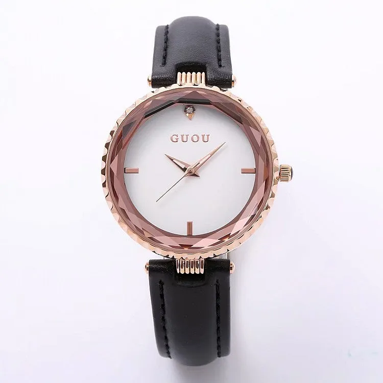 Women's Watch Rhinestone Waterproof large dial leather strap quartz watch