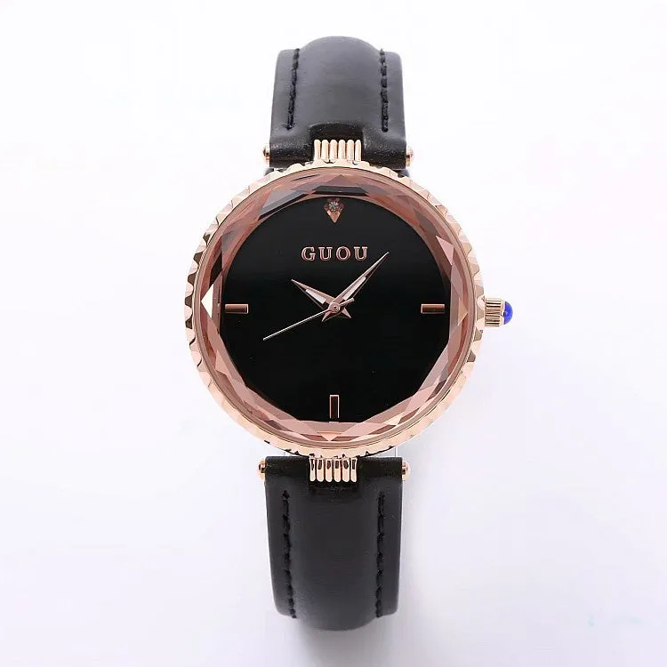 Women's Watch Rhinestone Waterproof large dial leather strap quartz watch