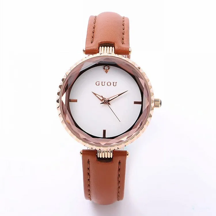 Women's Watch Rhinestone Waterproof large dial leather strap quartz watch