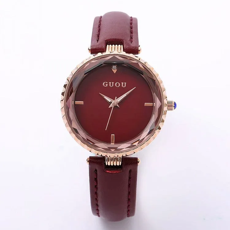 Women's Watch Rhinestone Waterproof large dial leather strap quartz watch