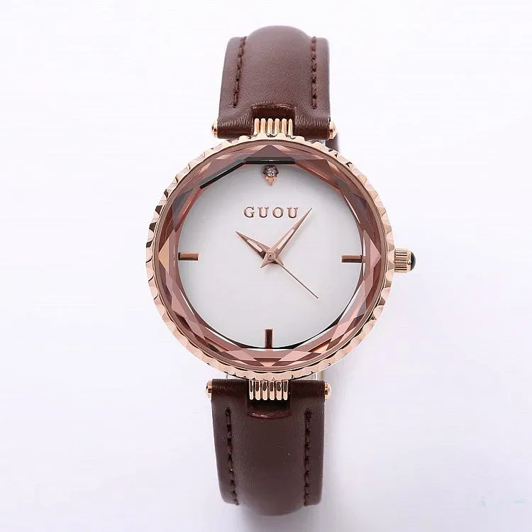 Women's Watch Rhinestone Waterproof large dial leather strap quartz watch