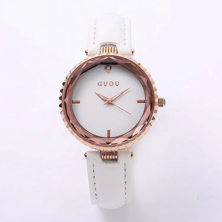 Women's Watch Rhinestone Waterproof large dial leather strap quartz watch