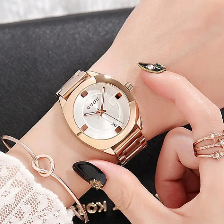 Women's Watch Round calendar dial stainless steel strap gold quartz fashion watch